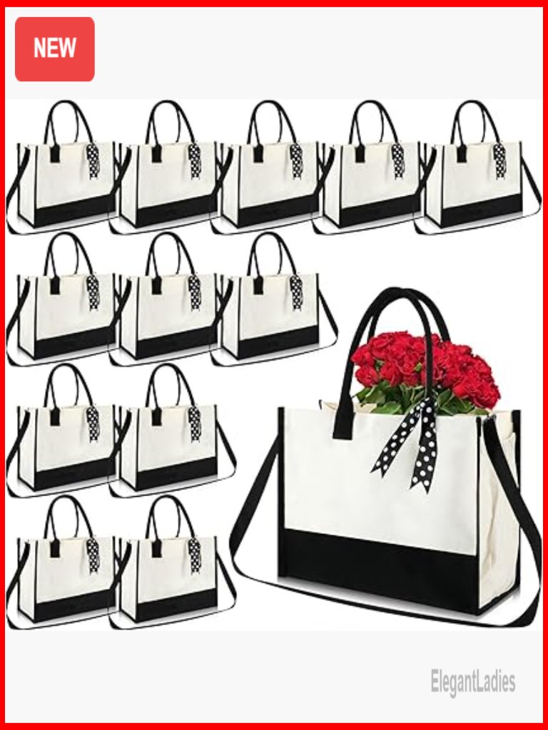 Large Canvas Tote Bags With Zipper And Shoulder Strap, Set Of 12